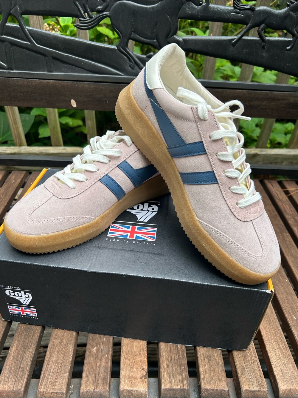 Gola Men’s Suede Sneakers in Light Pink with Navy Stripes